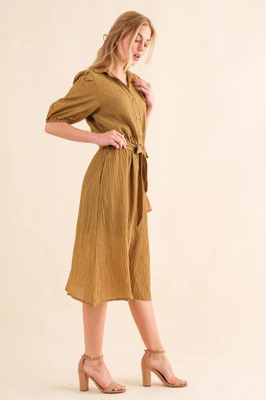 MARIGOLD TEXTURED LINED MIDI WAIST TIE DRESS-PLUS