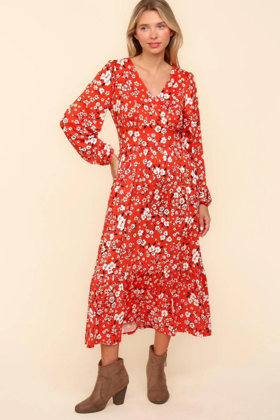 RUST VERMILION MIDI LENGTH FLORAL PRINT POCKETED MAXI DRESS-PLUS