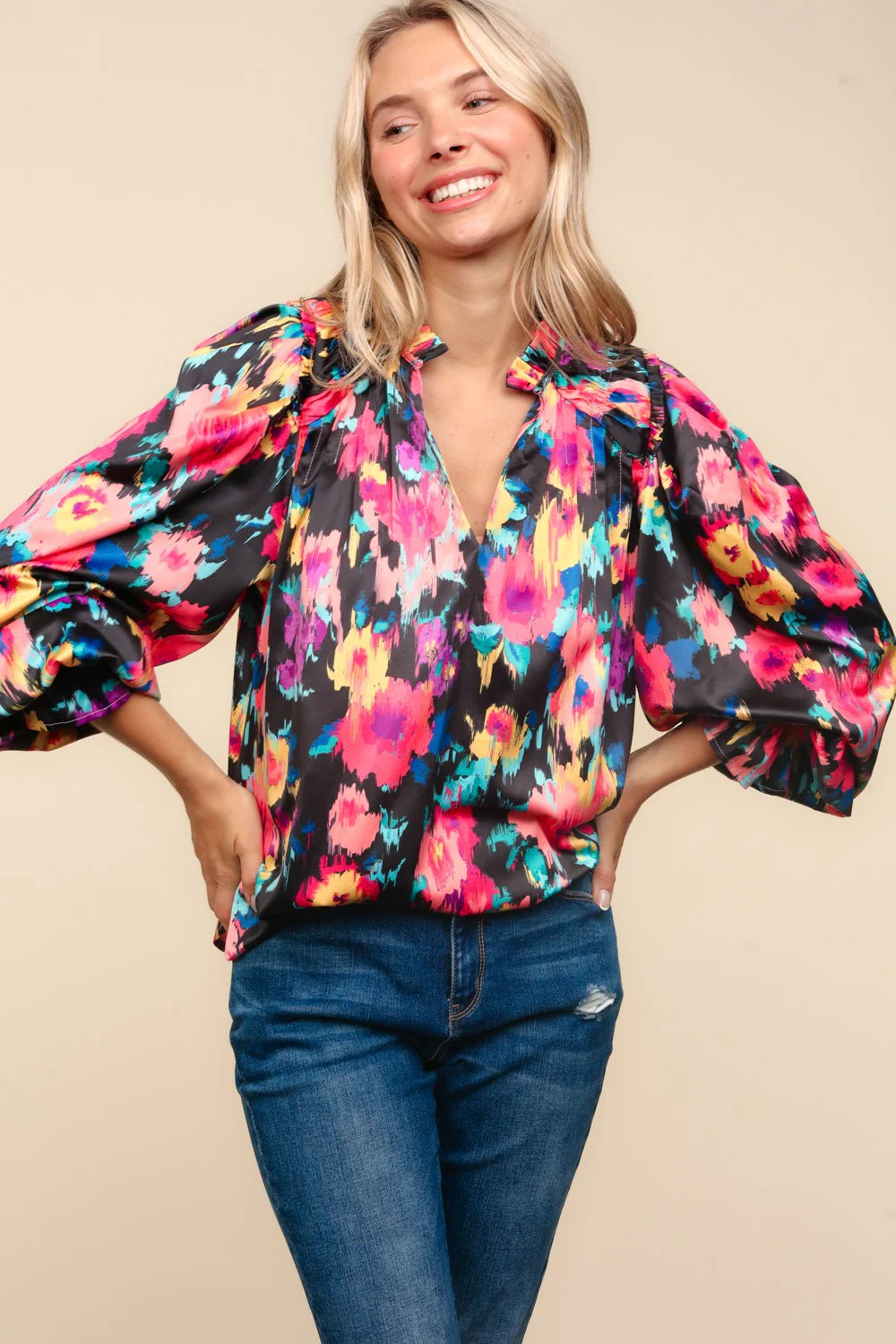 BUBBLE LONG SLEEVE FLORAL WOVEN TOP