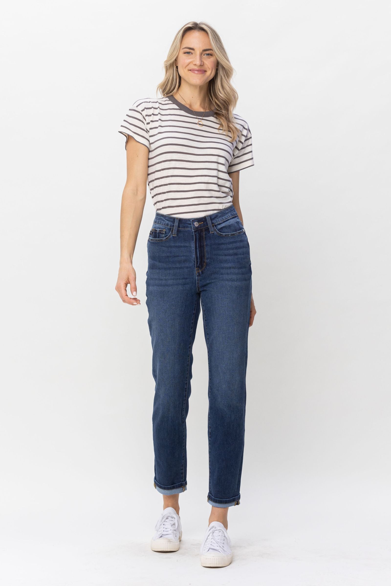 DARKWASH HIGH WAIST COOL DENIM SUSTAINABLE CUFF BOYFRIEND JUDY BLUE DENIM