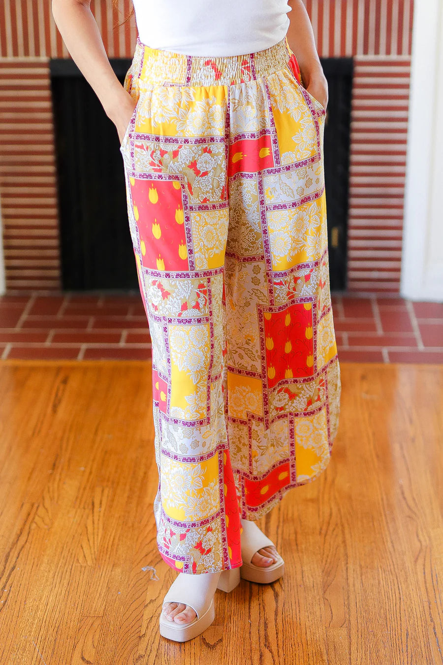 YELLOW CORAL FLORAL PATCHWORK POCKETED PANTS