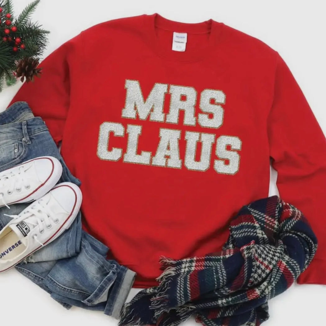 MRS CLAUS GLITTER LETTERS FAUX CHENILLE PATCHES SPARKLY SWEATSHIRT