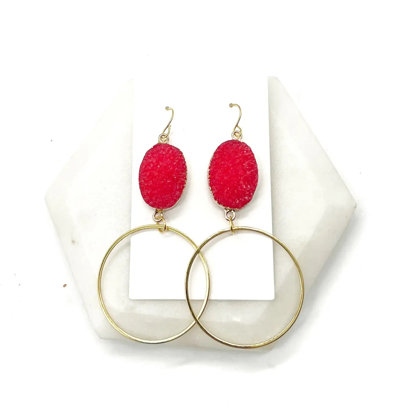 RED DRUZY GOLD CIRCLE HOOP STATEMENT DANGLY HANDMADE BBB EARRINGS