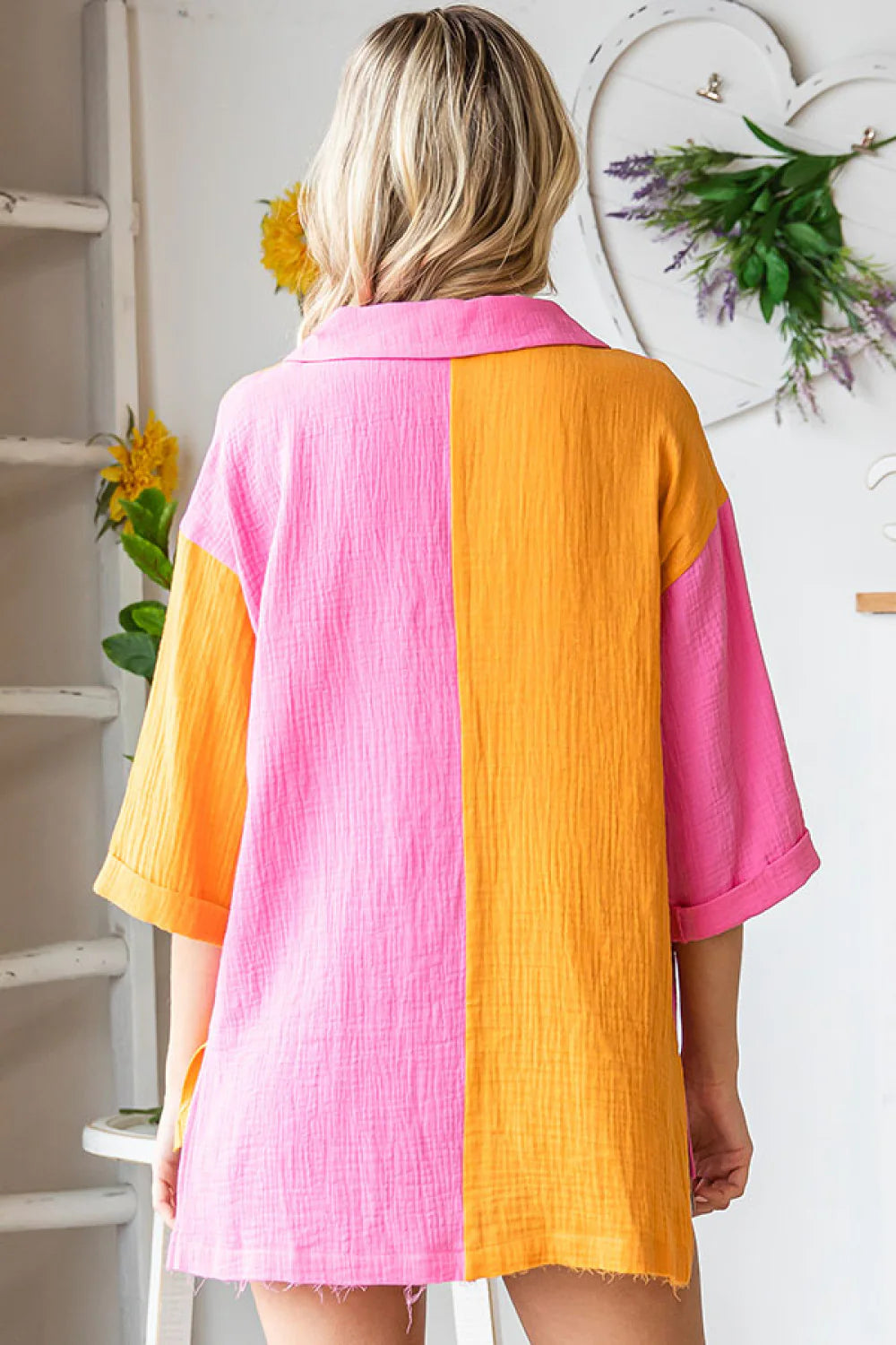 FUCHSIA ORANGE COLORBLOCK COLLARED BUTTON DOWN COTTON-GAUZE-LIKE MATERIAL FRONT POCKET TOP