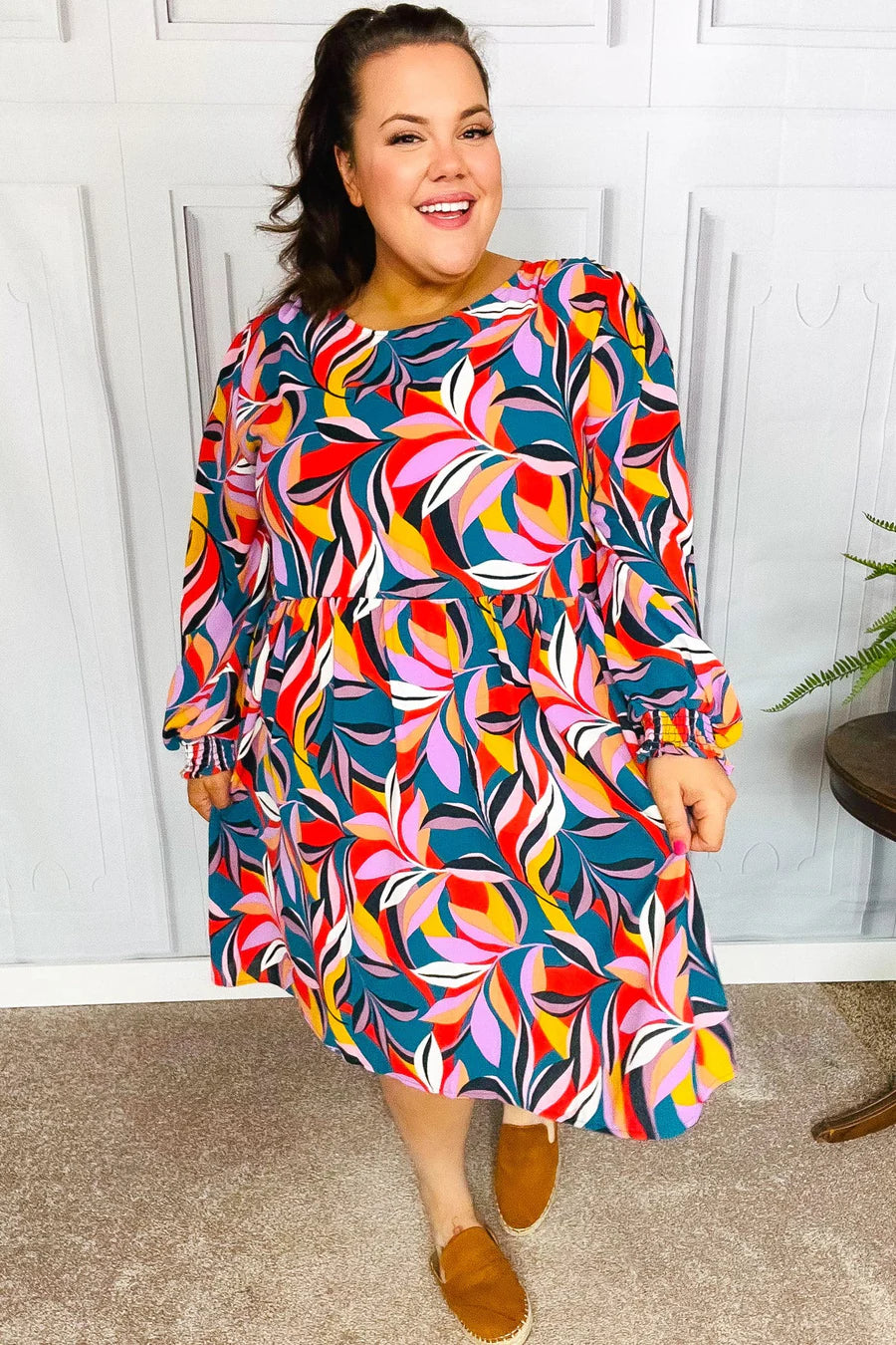 PERFECTLY YOU TEAL ABSTRACT PRINT SMOCKED CUFF BUBBLE SLEEVE DRESS-PLUS