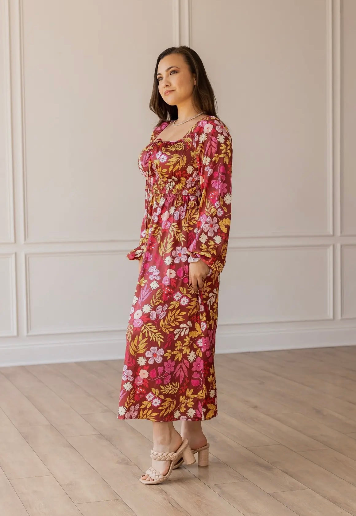 WINE GRADEN ROMANCE SATIN PRINTED MAXI DRESS