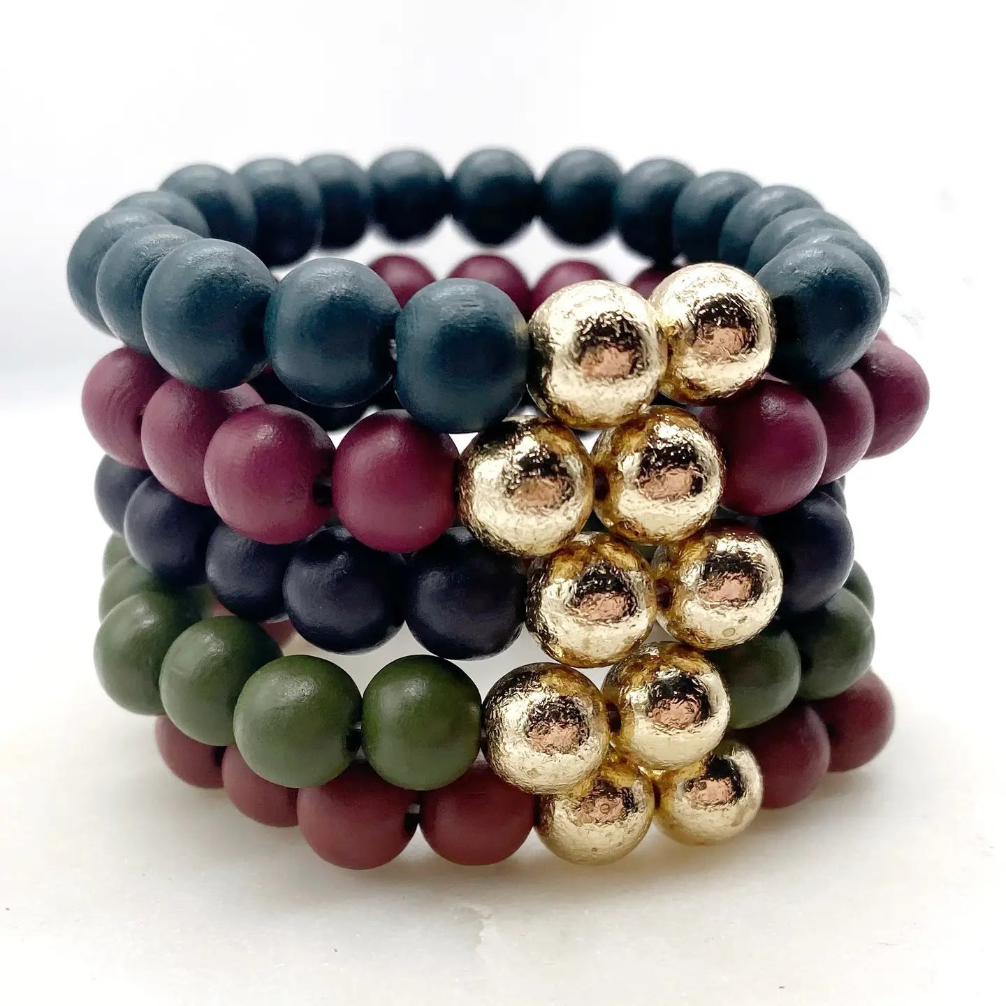 FALL WOOD BEADED STRETCH BRACELET SET OF 5 HANDMADE BY BBB