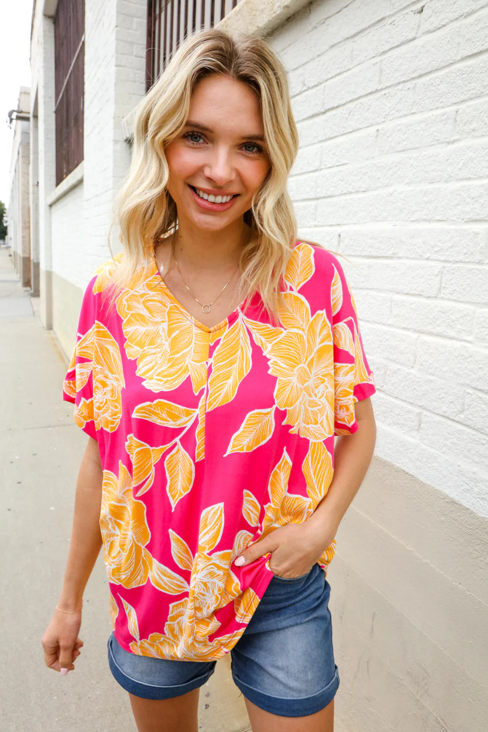 MAGENTA ORANGE FLORAL DROP SHOULDER KNIT VNECK TOP- SALE