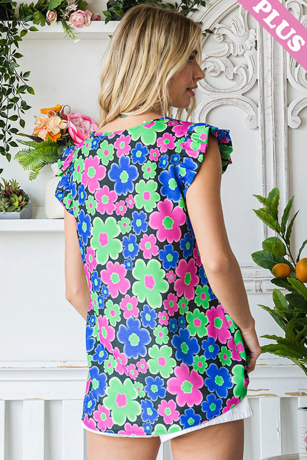 BLACK FLORAL PINK BLUE GREEN MULTI FLUTTER TANK TOP BLOUSE-PLUS