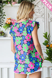BLACK FLORAL PINK BLUE GREEN MULTI FLUTTER TANK TOP BLOUSE-PLUS