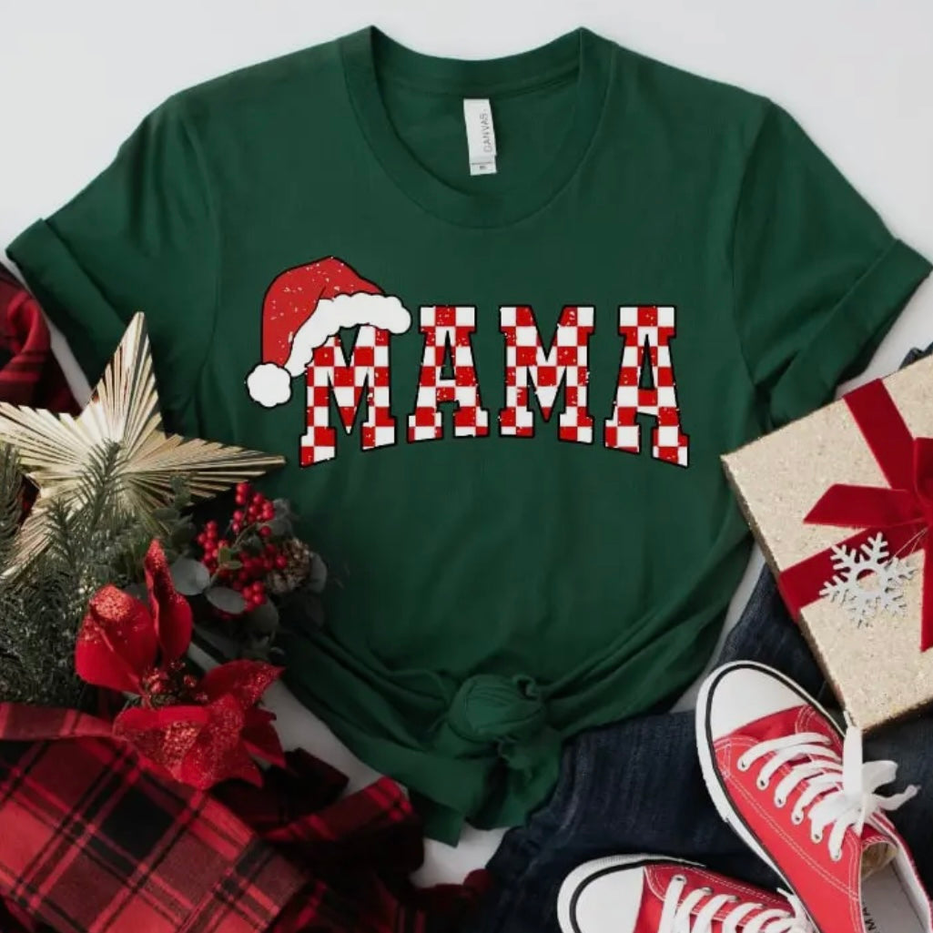 CHECKERED MAMA RED WHITE SANTA HAT ON GREEN TEE