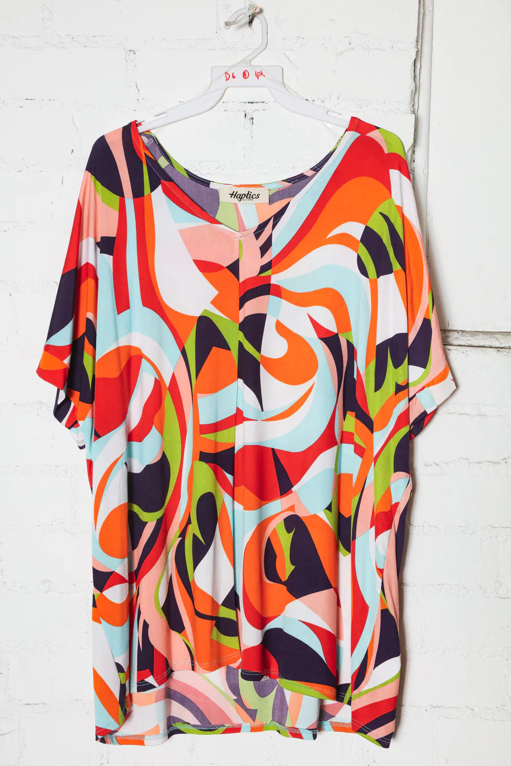 GEOMETRIC ABSTRACT MULTI COLORED RED ORANGE BLACK TOP-PLUS