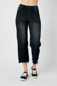 BLACK HIGH WAIST DESTROYED RAW HEM CROP WIDE LEG JUDY BLUE DENIM