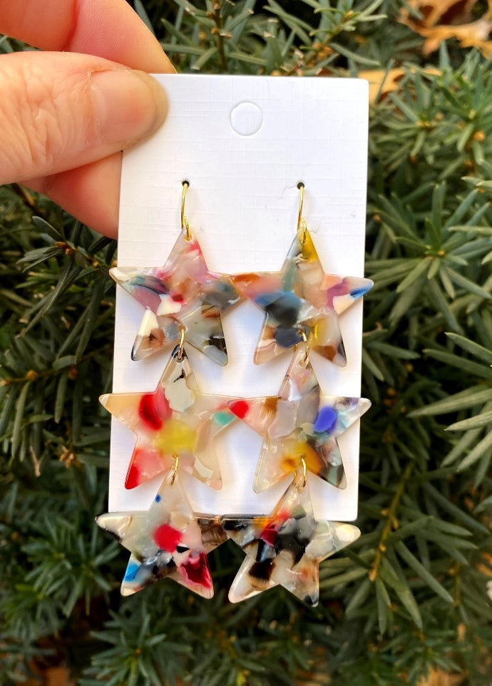 STAR MULTI COLOR TRIPLE DROP ACRYLIC HANDMADE BBB EARRINGS