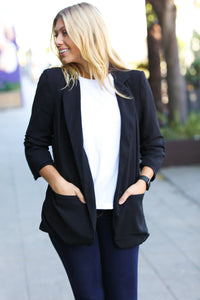 BLACK NOTCHED LAPEL RUCHED SLEEVE BLAZER-PLUS