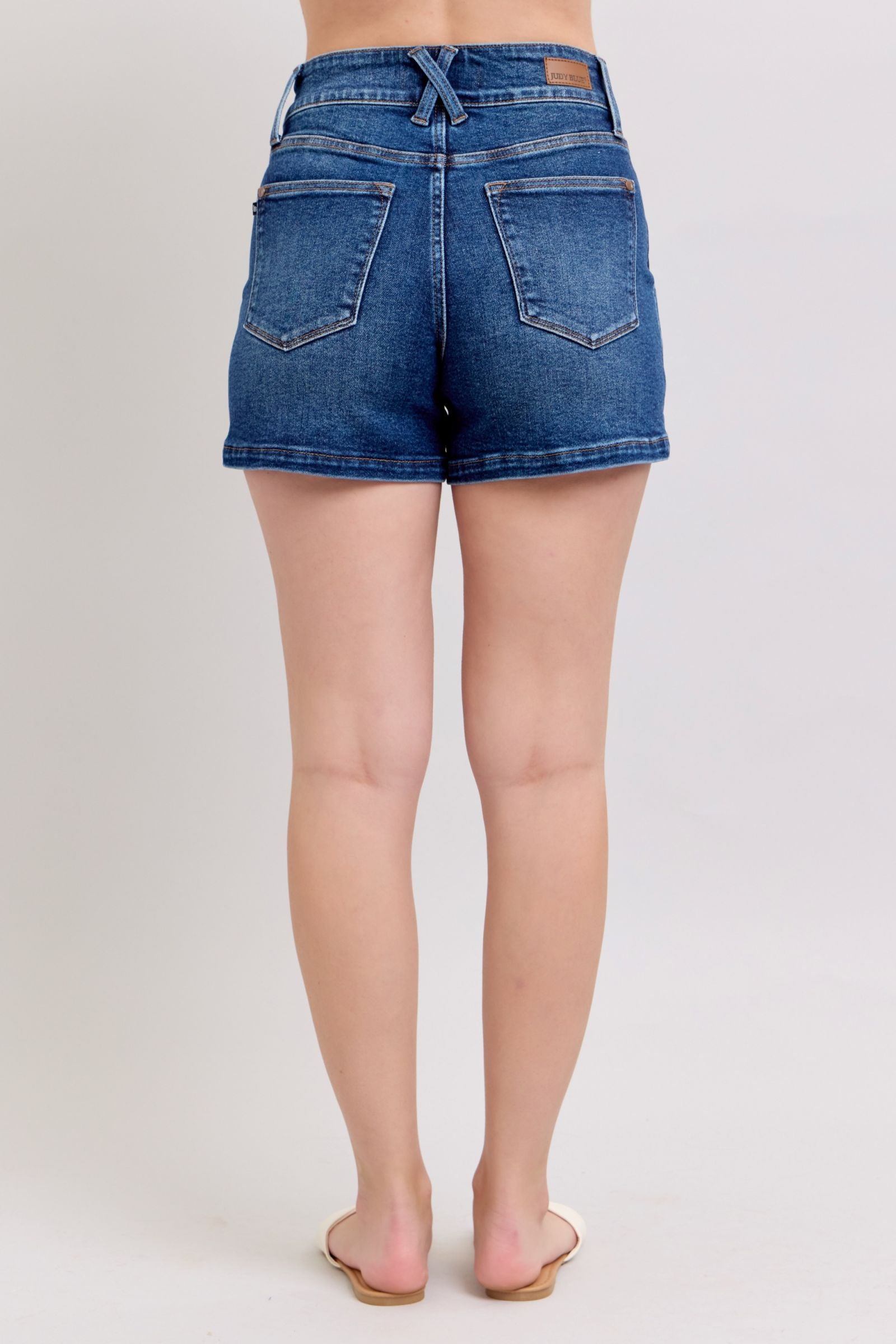 DARKWASH HIGH WAIST DOUBLE BUTTON WAISTBAND SHORTS JUDY BLUE DENIM