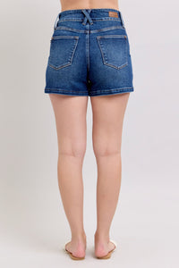 DARKWASH HIGH WAIST DOUBLE BUTTON WAISTBAND SHORTS JUDY BLUE DENIM