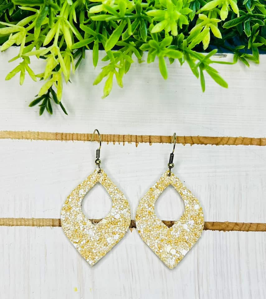 TEARDROP DIAMOND GLITTER OPEN-CENTER DESIGNED LEATHER HANDMADE EARRINGS BY B.O.D