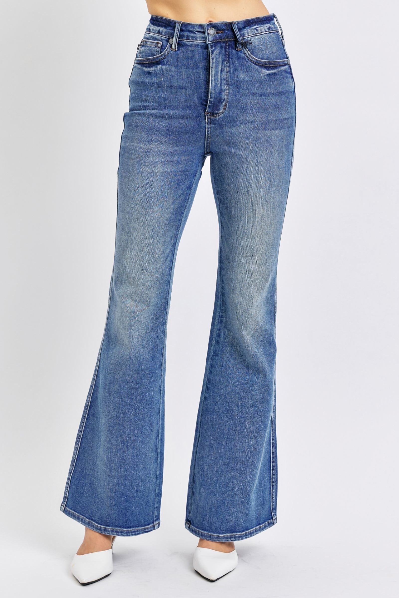 HIGH WAIST DARKWASH TUMMY CONTROL CONTRAST WASH FLARE JUDY BLUE DENIM