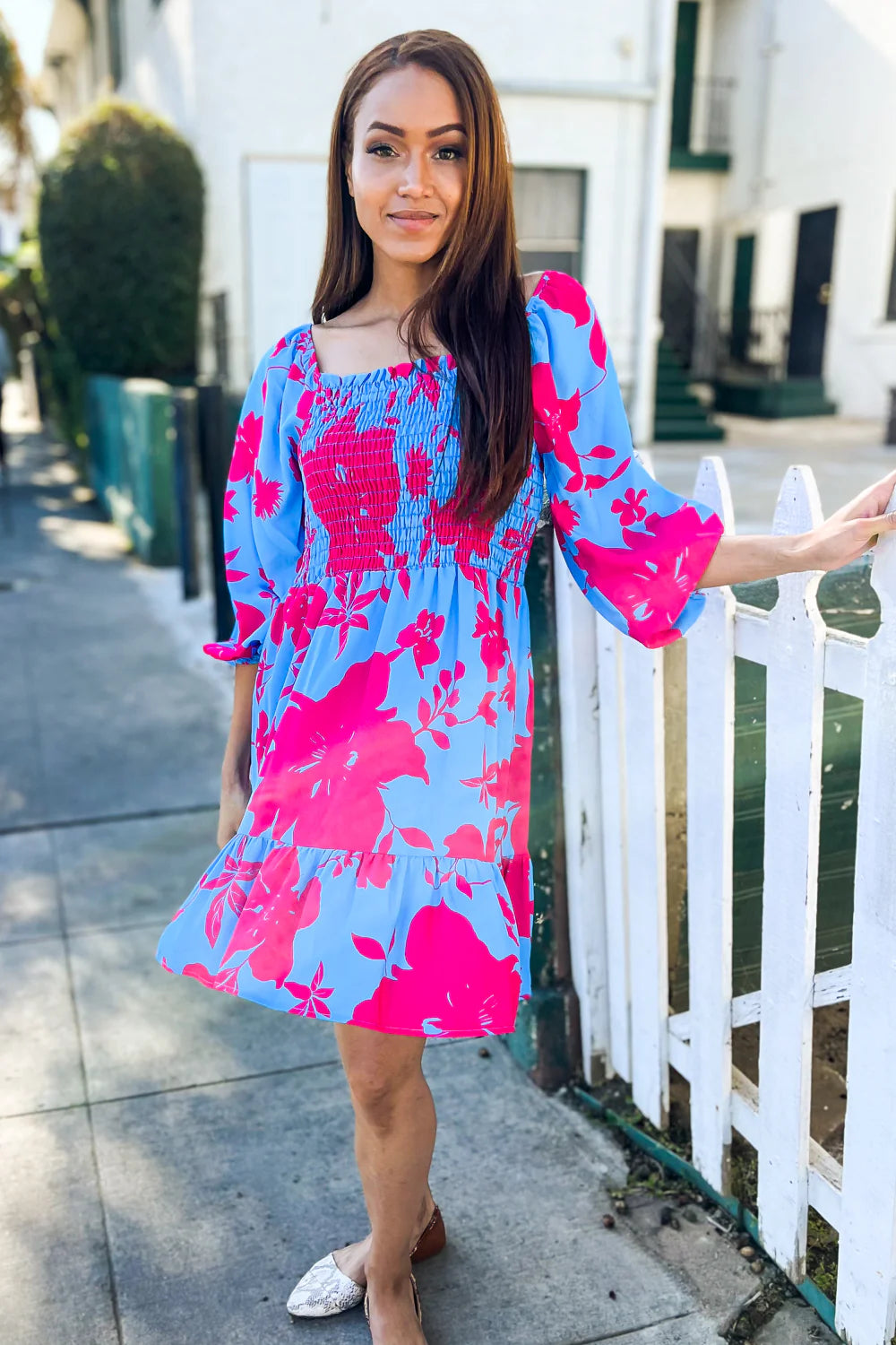 PERIWINKLE BLUE & HOT PINK FLORAL SMOCKED FIT & FLARE DRESS