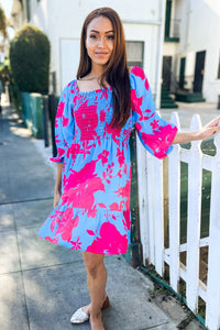 PERIWINKLE BLUE & HOT PINK FLORAL SMOCKED FIT & FLARE DRESS