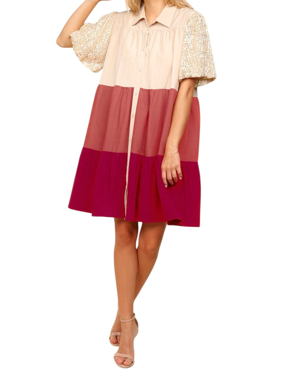 TAUPE RUST MULTI SEQUINS BUBBLE SLEEVE POCKETED COLLARED DRESS-PLUS