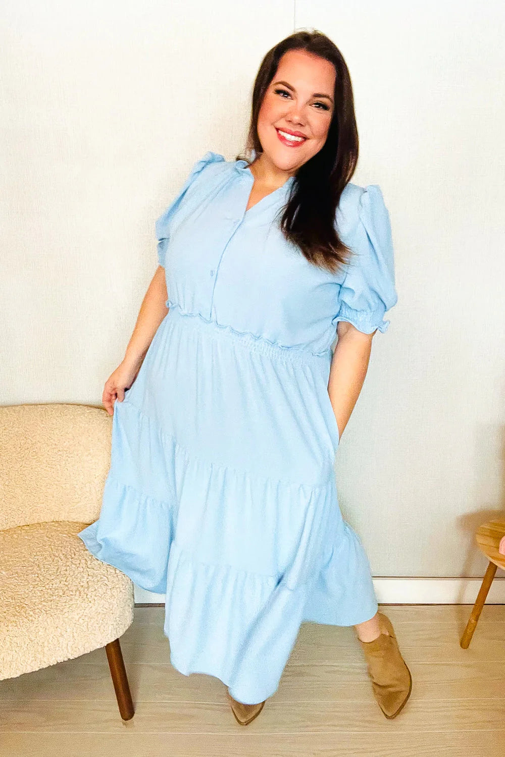 BABY BLUE PERIWINKLE FRILLY NOTCH NECK SHIRRED WAIST TIERED MAXI DRESS