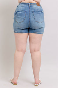 MEDIUM WASH HIGH WAIST TUMMY CONTROL COOL DENIM DOUBLE WAISTBAND SHORTS BY JUDY BLUE-PLUS