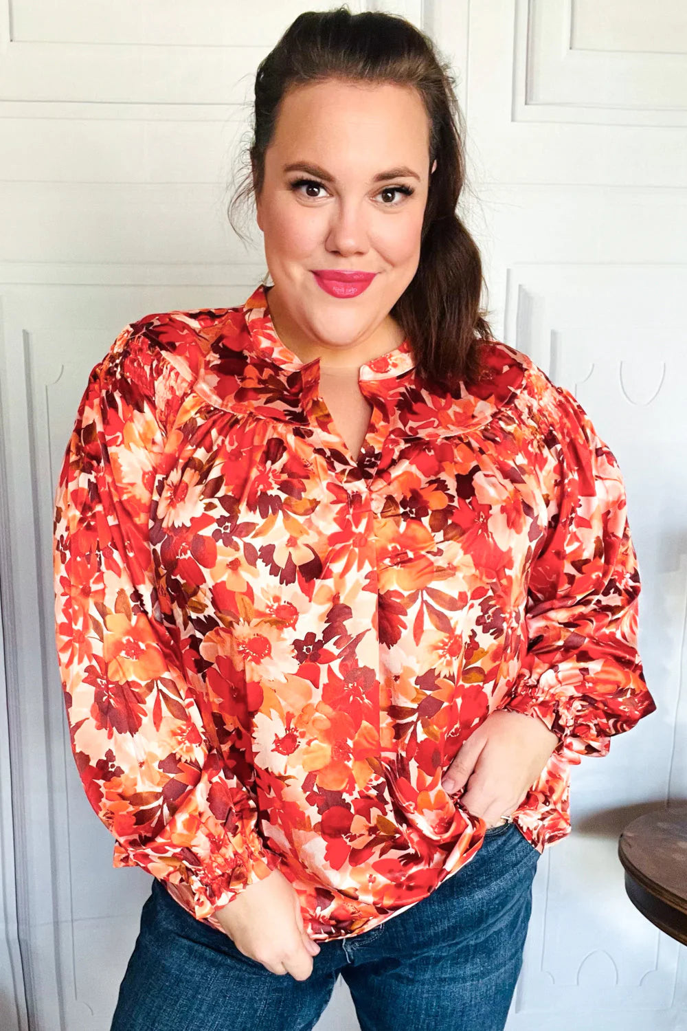 FALL VIBES RUST FLORAL PRINT NOTCHED NECK SMOCKED SATIN BLOUSE-PLUS