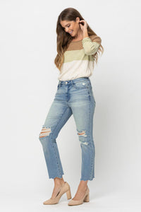 MID RISE TINTED WASH DESTROY CROP STRAIGHT MEDIUM WASH DENIM JUDY BLUE