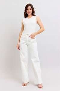 HIGH WAIST DOUBLE BUTTON WAISTBAND TROUSER WHITE WIDE LEG COIN POCKET EMBROIDERY DETAIL JUDY BLUE DENIM