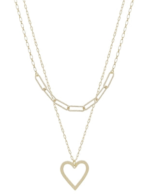 GOLD LINK CHAIN LAYERED OPEN HEART 16-18" NECKLACE