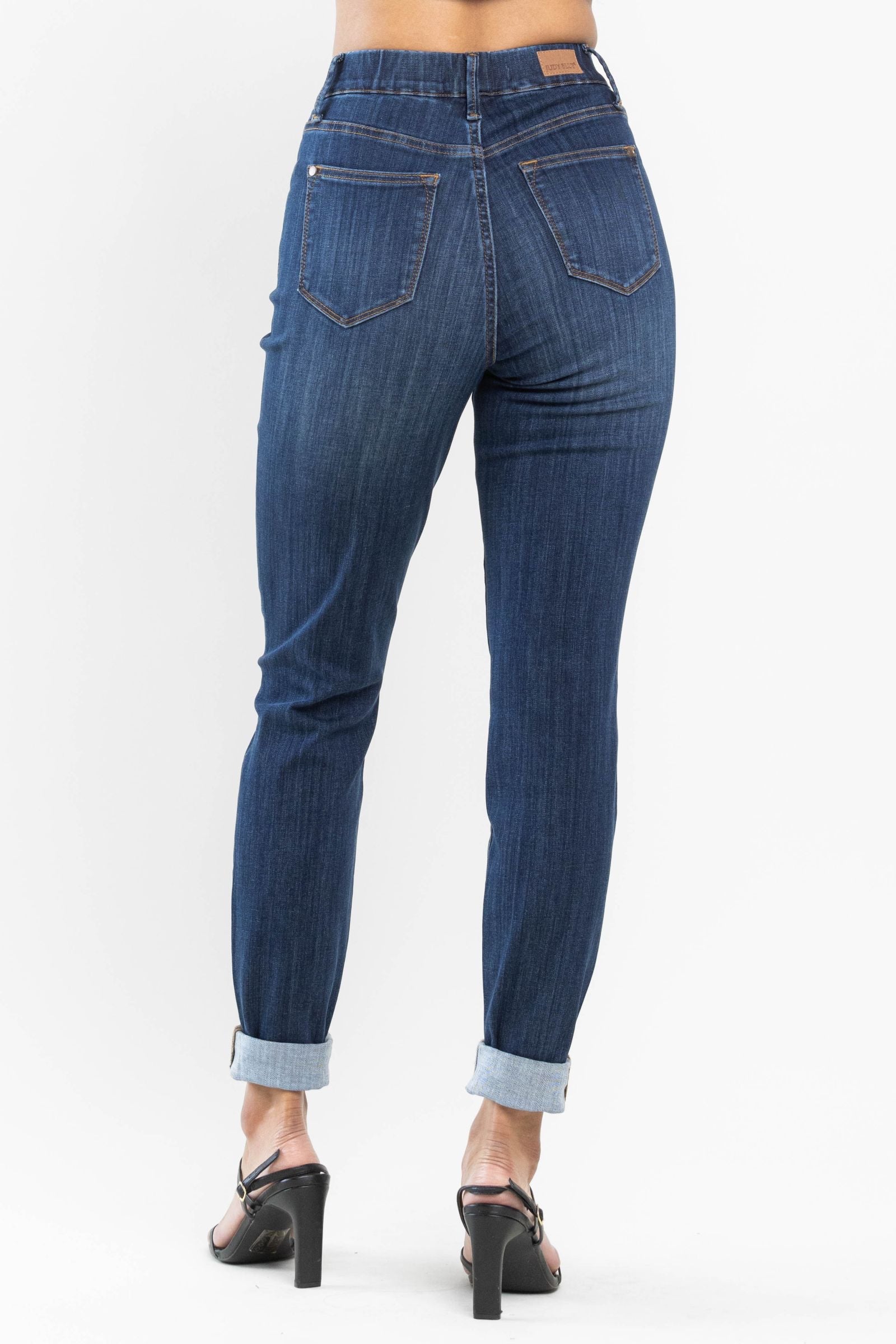 Darkwash High Waist Judy Blue Double Cuff Slim Fit Pull On Denim- SIZE 1 left.