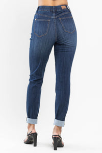 Darkwash High Waist Judy Blue Double Cuff Slim Fit Pull On Denim- SIZE 1 left.