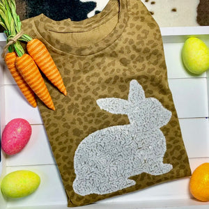 WHITE SEQUIN BUNNY FOR EASTER ON BROWN LEOPARD TEE HANDMADE APPLIQUED