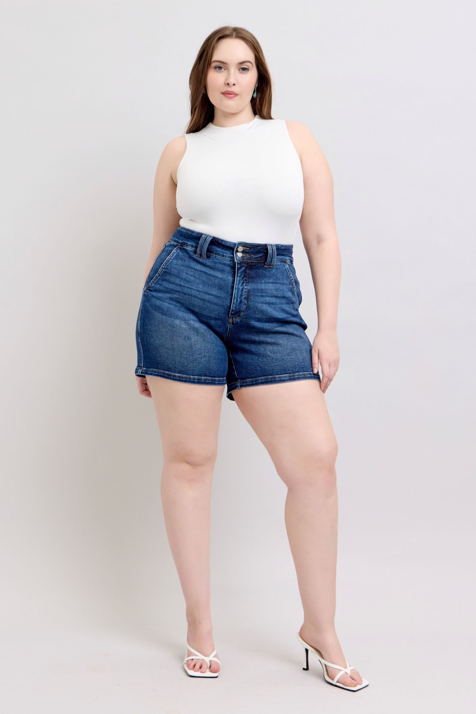 DARKWASH HIGH WAIST DOUBLE BUTTON WAISTBAND SHORTS JUDY BLUE DENIM