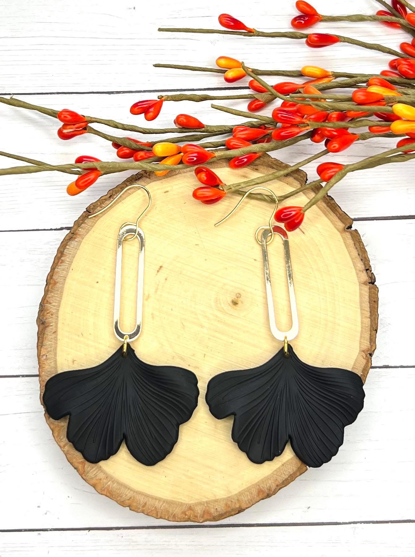 GINKGO LEAVES WITH GOLD ELONGATED OVAL HARDWARE HANDMADE EARRINGS BY B.O.D