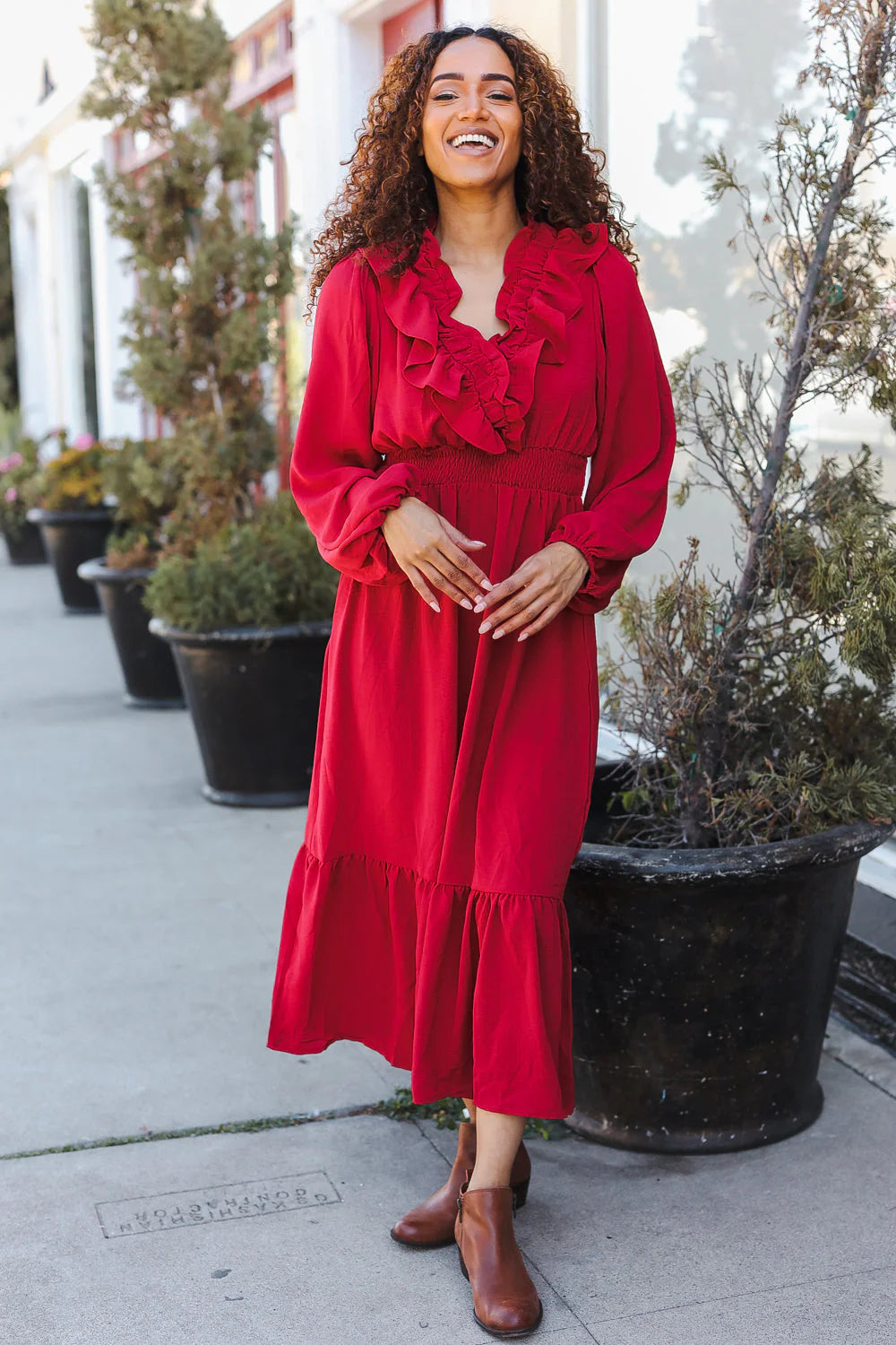 RED BEAUTIFUL YOU HOLIDAY RUFFLE SURPLICE VNECK MAXI DRESS-PLUS