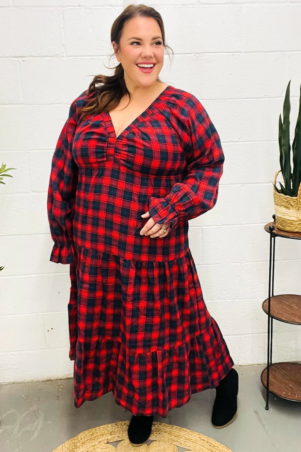 CHRISTMAS PLAID RUFFLE VNECK ELASTIC WAIST MAXI DRESS