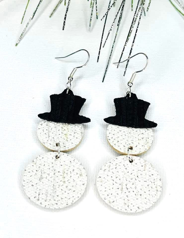 WHITE GLITTER SNOWMAN TRIPLE DROP DANGLY HANDMADE EARRINGS BY B.O.D