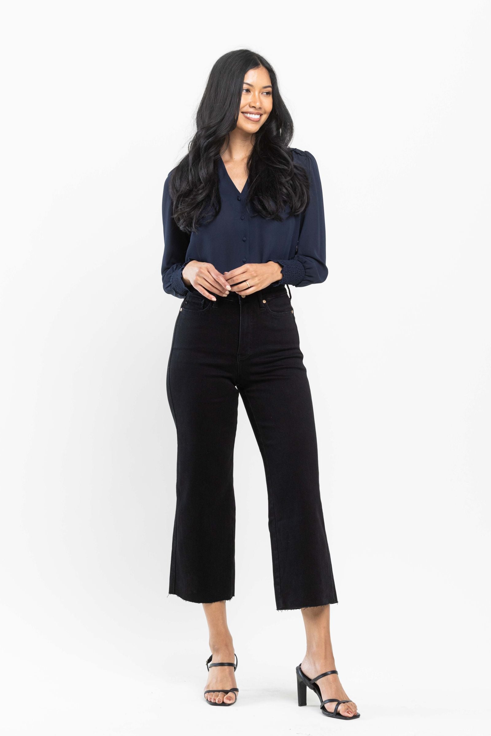 JUDY BLUE HIGH WAIST TUMMY CONTROL BLACK WIDE CROP LEG DENIM-PLUS