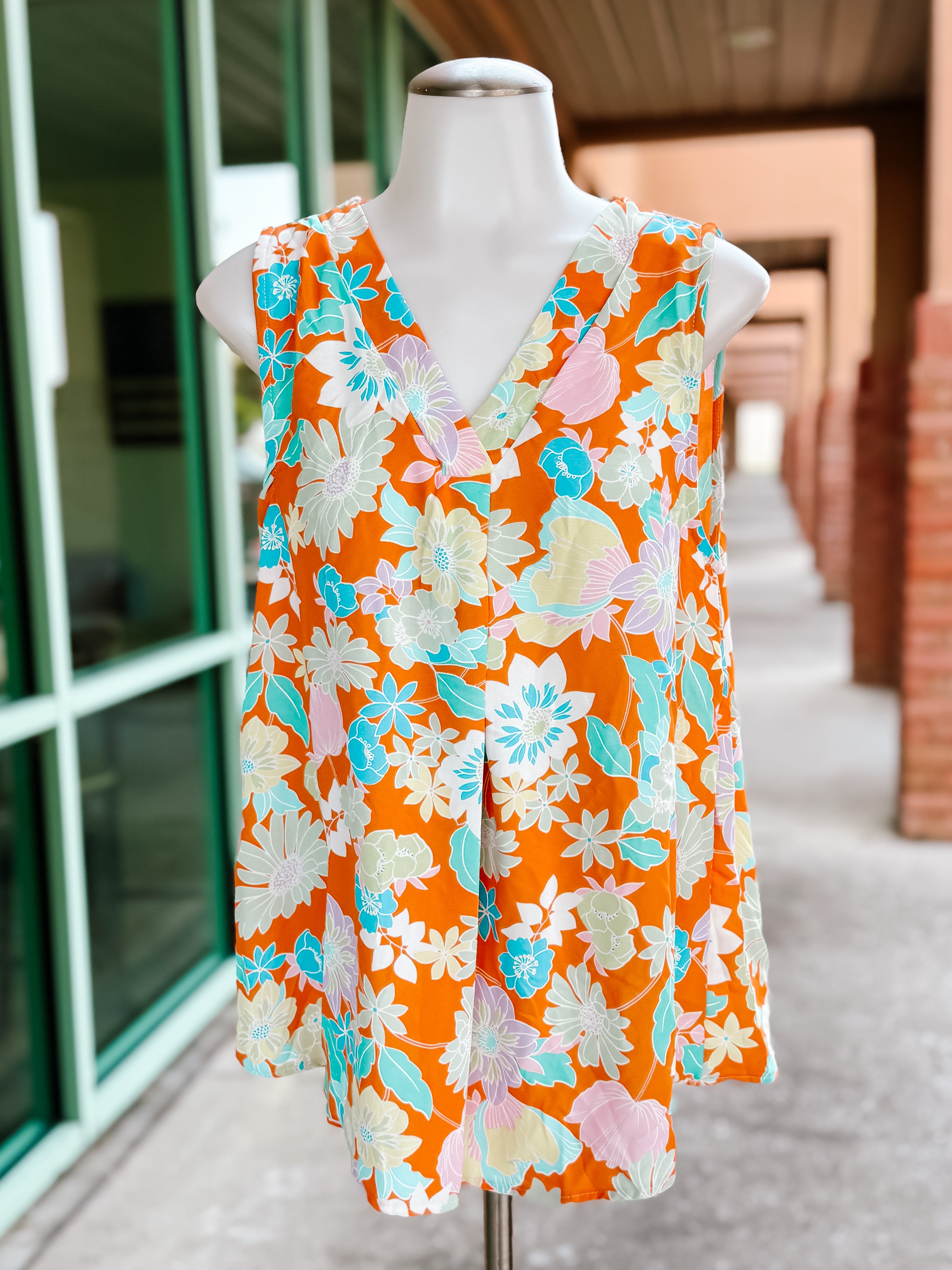 Tangerine Floral Vneck Banded Tank Top- SALE