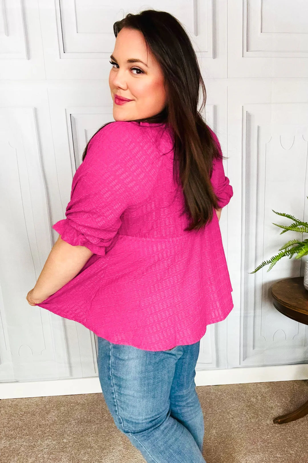 MAGENTA FUCHSIA TEXTURED VNECK BABYDOLL TOP