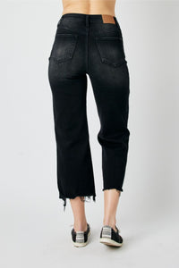 BLACK HIGH WAIST DESTROYED RAW HEM CROP WIDE LEG JUDY BLUE DENIM