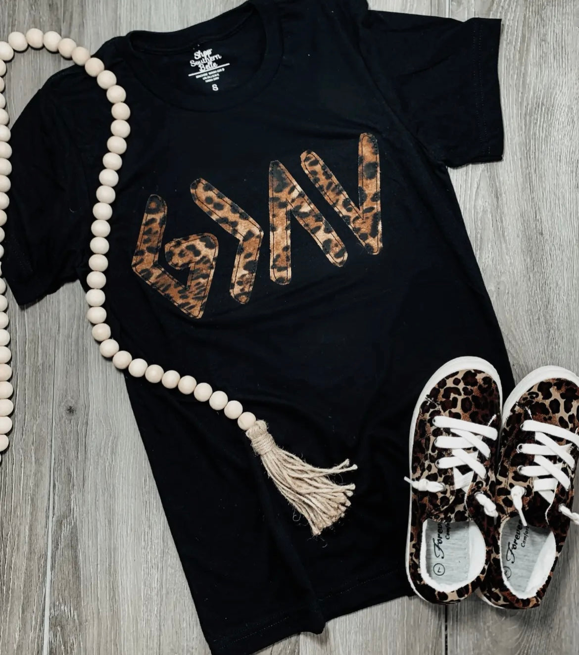 GOD IS GREATER THAN THE HIGHS & LOWS APPLIQUE LEOPARD HANDMADE BLACK SHORT SLEEVE TEE