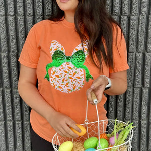 ORANGE SPRING FLORAL BUNNY SEQUIN BOW EASTER HANDMADE APPLIQUED TEE