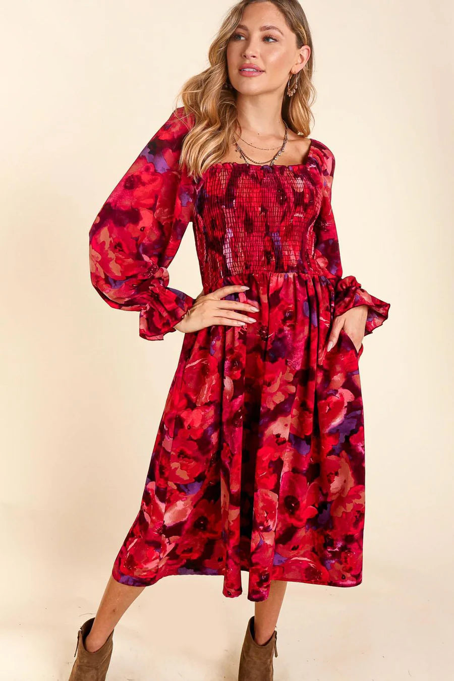 RED BLACK SMOCKED FIT & FLARE POCKETED FLOWY CHIFFON MIDI/MAXI DRESS-PLUS