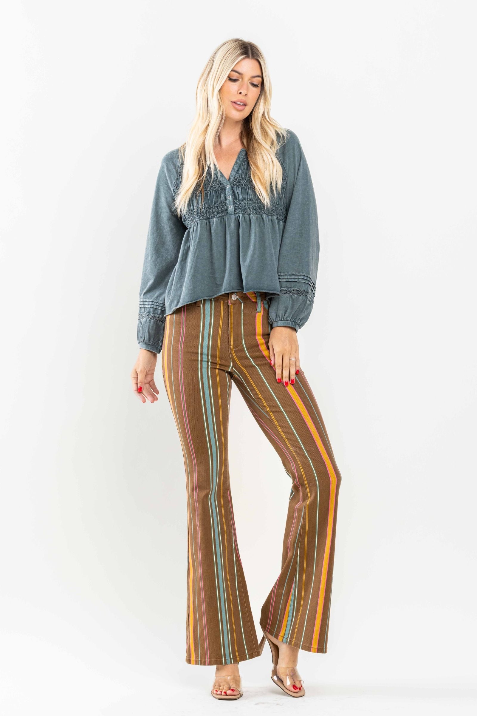 Mid Rise Stretch Striped Flare Judy Blue Denim