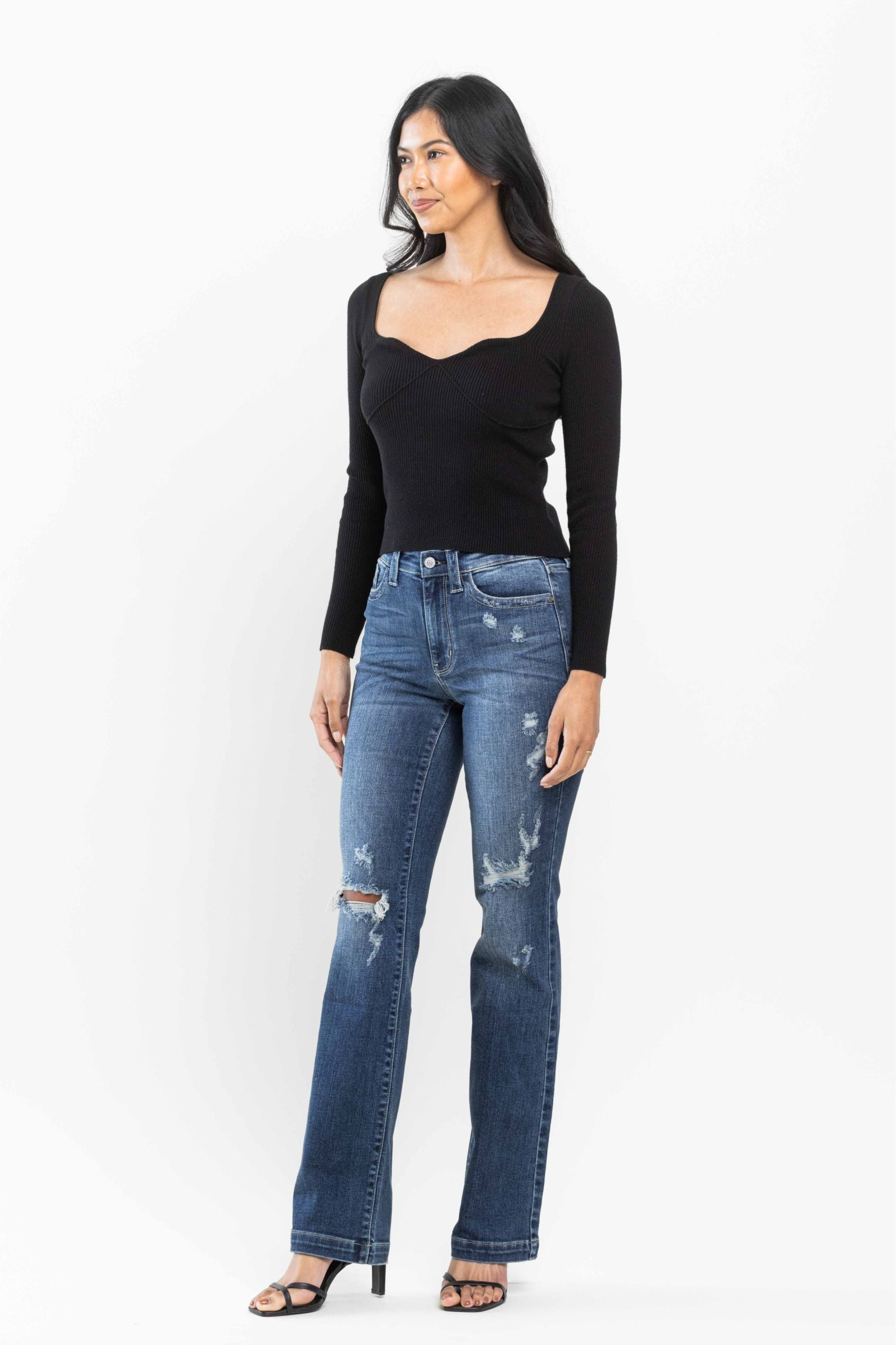 DARKWASH MID RISE HAND SAND DESTROYED BOOTCUT JUDY BLUE DENIM