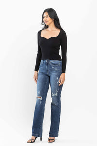 DARKWASH MID RISE HAND SAND DESTROYED BOOTCUT JUDY BLUE DENIM